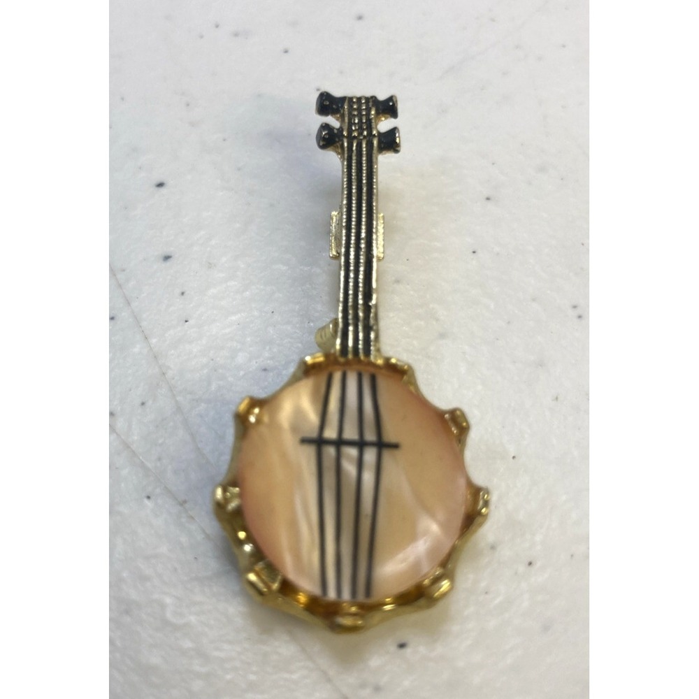 Vintage Pin Banjo Figural Mother of Pearl Brooch Estate Mid Century 1.5" - Picture 4 of 7